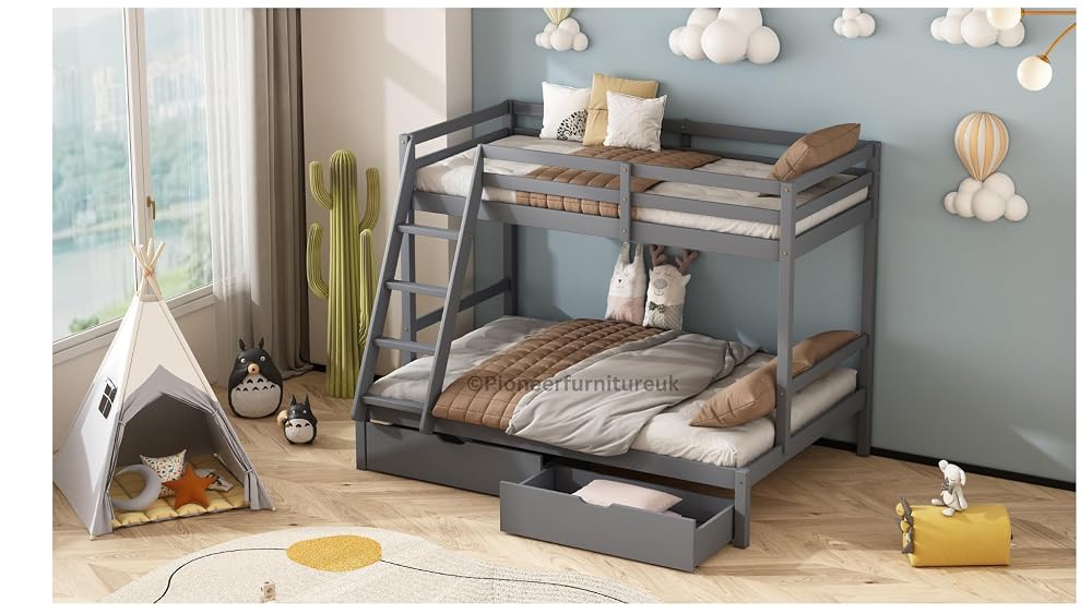 PioneerfurnitureUK Kids Bunk Bed with Drawers, 3ft and 4ft Available, White or Grey