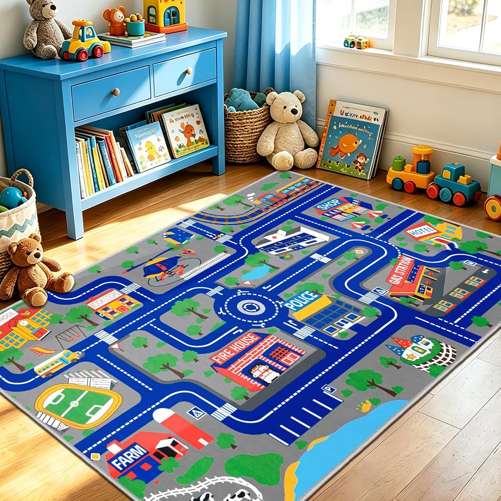 Capslpad Kids Play Rug Town City Road Car Mat, 150cm x 200cm Kids Carpet Playmat