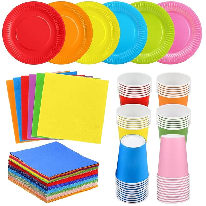 90 Pack Colorful Party Paper Plates Cups Napkins, Rainbow Party Tableware Set Multicolor Dinner Plates Luncheon Cocktail Napkins 250ml Paper Cups for DIY Birthday Holiday