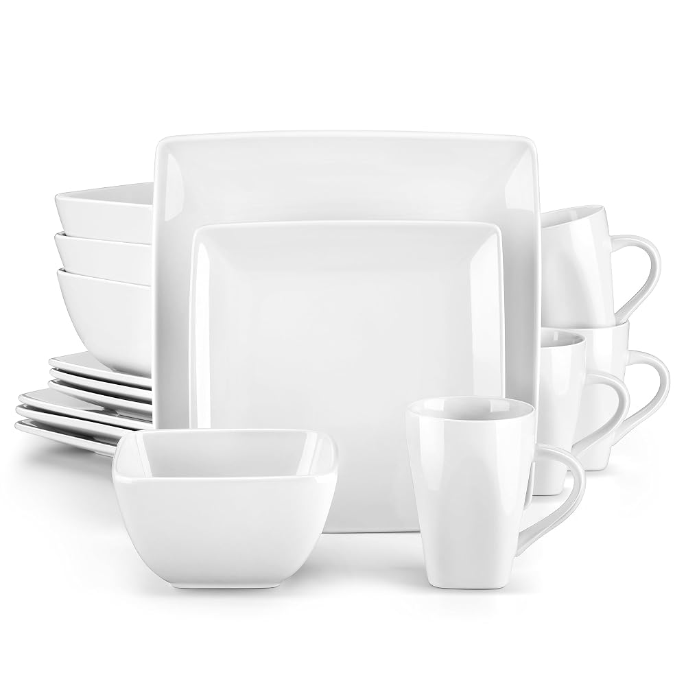 vancasso Dinner Sets for 6 People, Soho Black Plates and Bowls Set, 24-Piece Stoneware Dinner Set with 10in Dinner Plates, 8in Dessert Plate, 810ml Cereal Bowls and 340ml Mug, Square