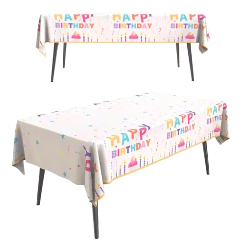 2 Pack Birthday Party Table Cloth, 54x72in Happy Birthday Party Tablecloth for Boys Girls, White Plastic Confetti Disposable Rectangular Party Table Cover