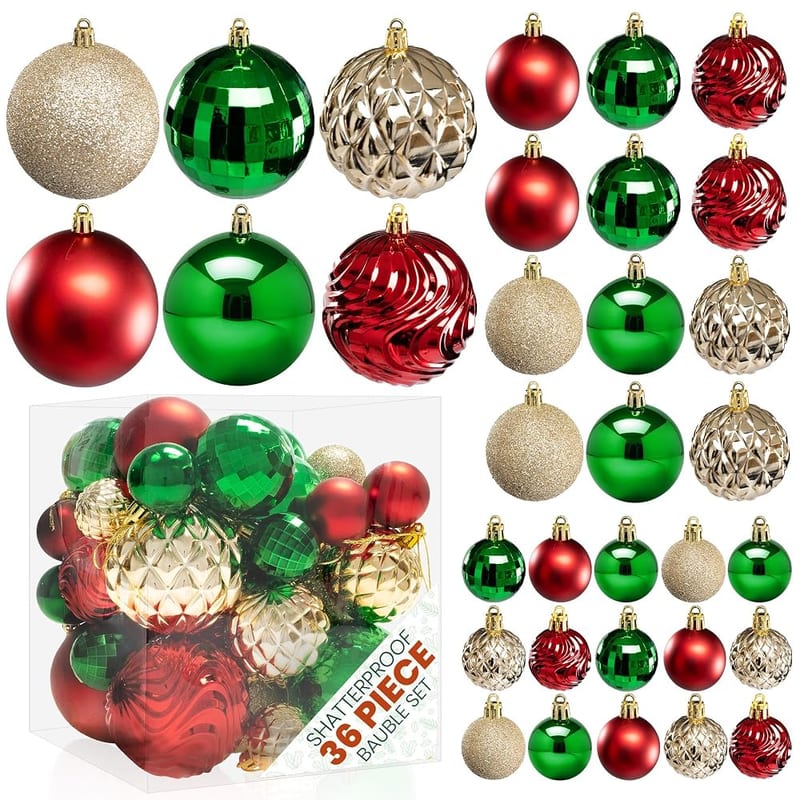 Pelle & Sol 36-Piece Christmas Decorations Bauble Set — Shatterproof Christmas Tree Baubles, Glitter, Disco Ball and Swirl Designs, Assorted Sizes, Red, Green, Gold