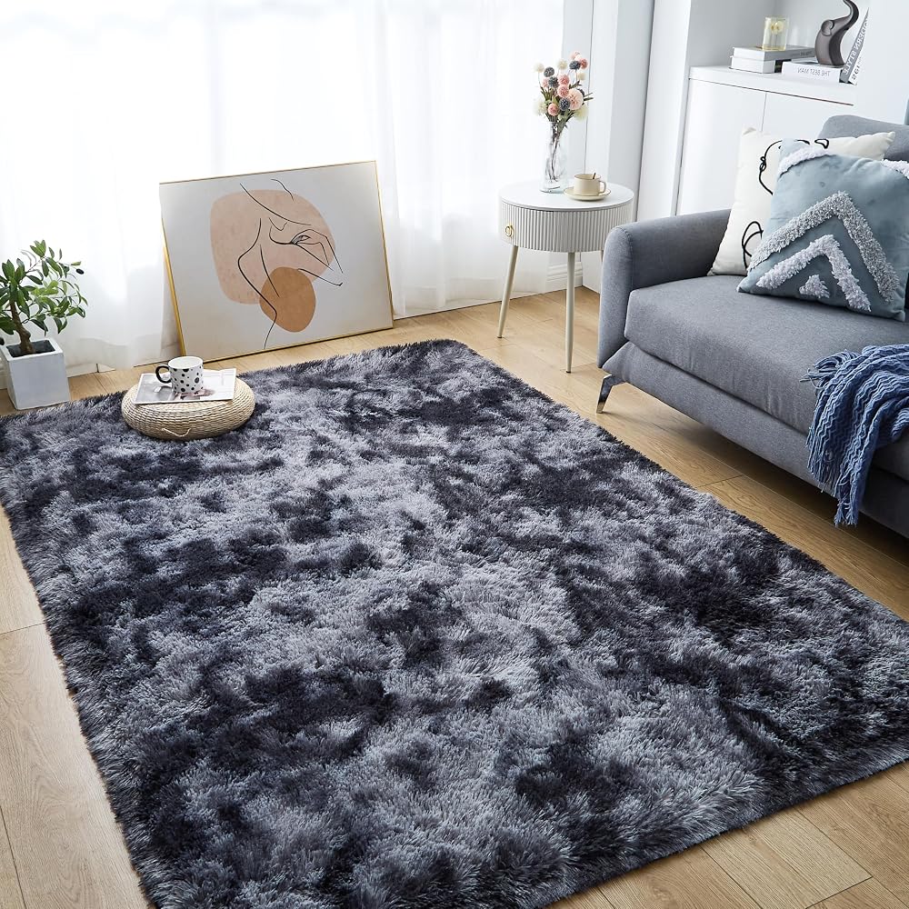 Lommegy Rug Living Room, Fluffy Washable Non-Slip High Pile Rug, 120 x 160cm, Grey