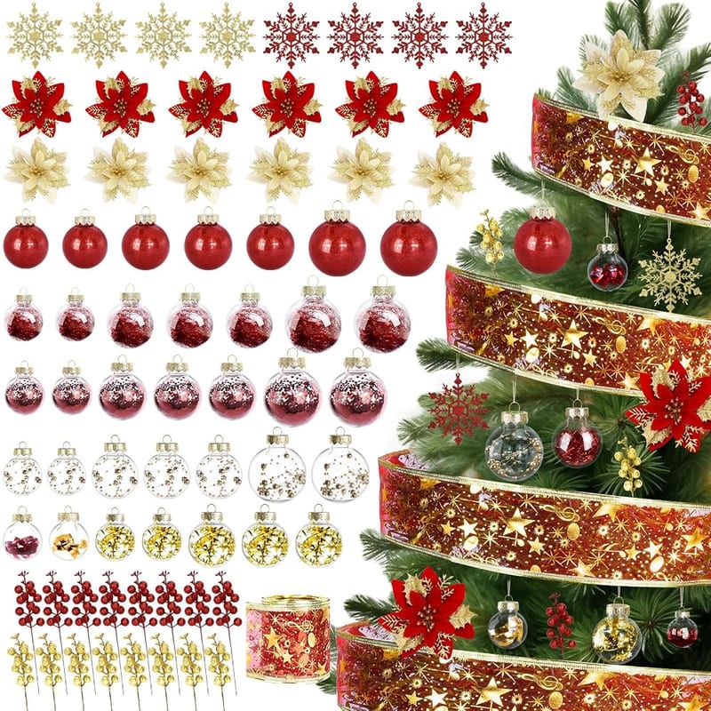YONTINY Christmas Tree Baubles - 72pcs Red & Gold Ornaments with Snowflakes, Poinsettia, Glitter & Berry Stems