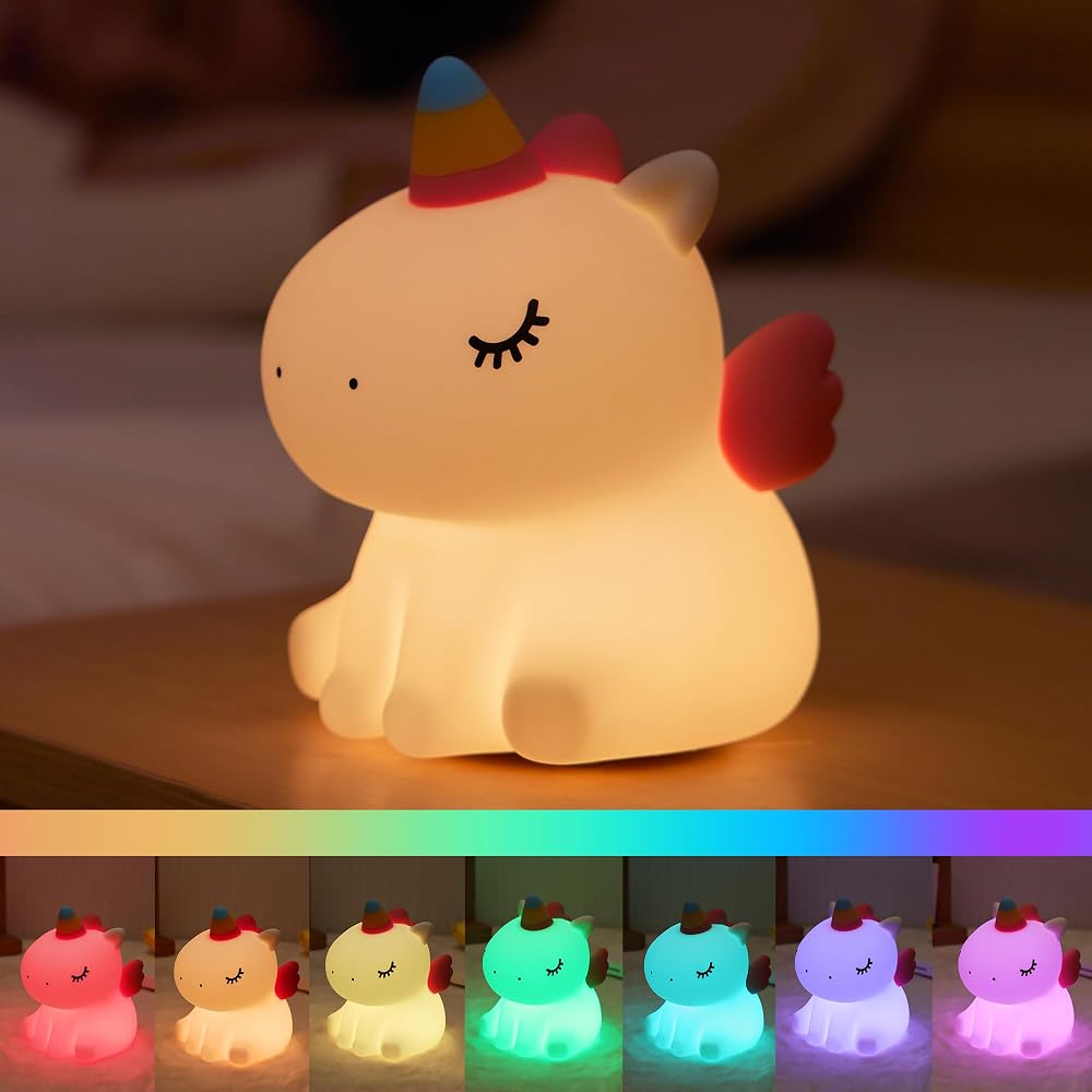 AGEK Unicorn Night Light for Kids, Cute Silicone Nursery Night Light, Dimmable LED Squishy Unicorn Lamp, Rechargeable Bedside Touch Lamp