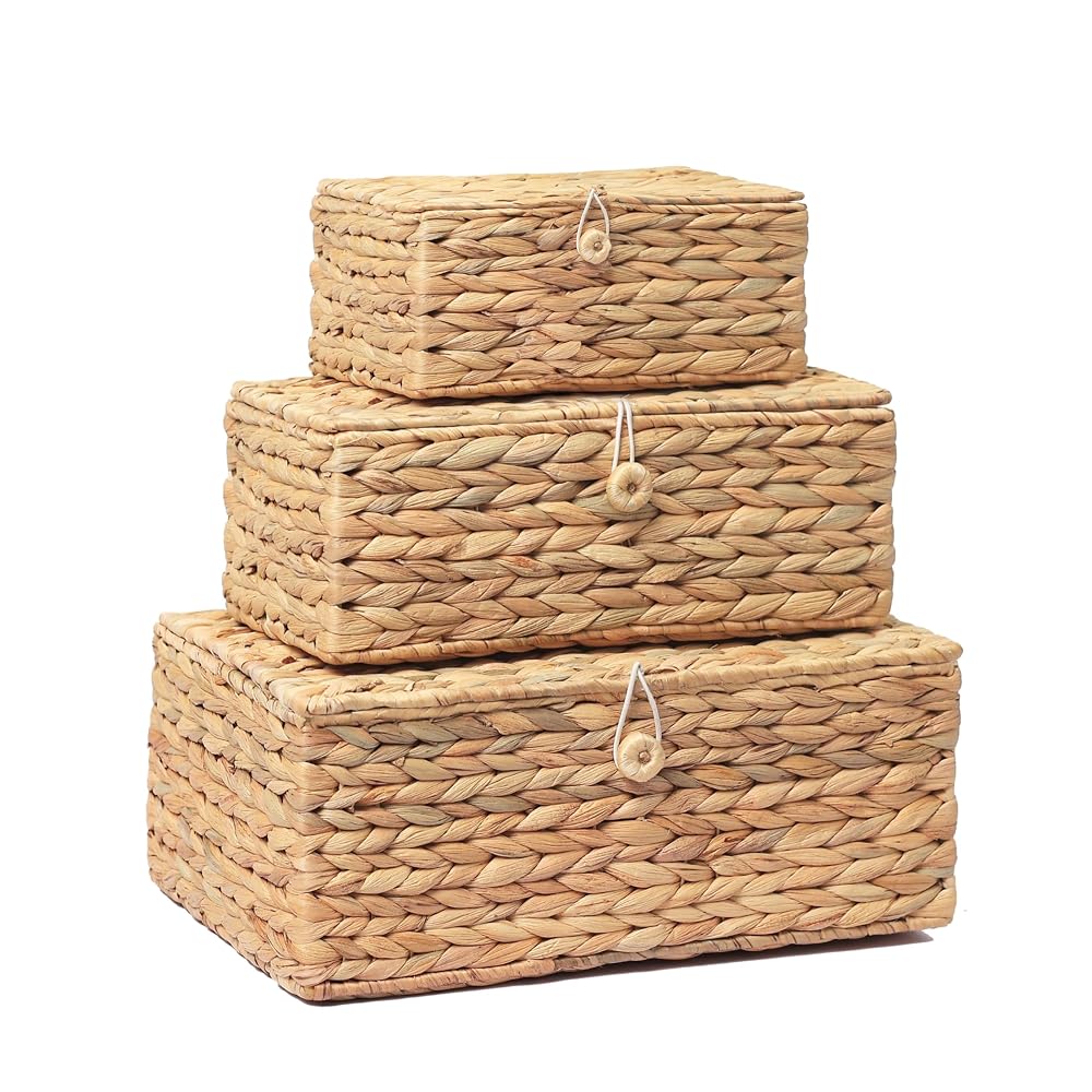 LUSYDECO Set of 3 Wicker Storage Baskets with Lid, Large Rectangular