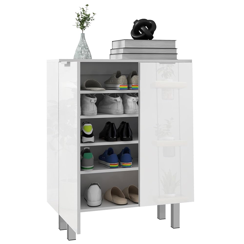 HOMCOM Shoe Storage Cabinet, Compact with Soft-Close Hinges and Adjustable Shelves for 15-20 Pairs, High Gloss White