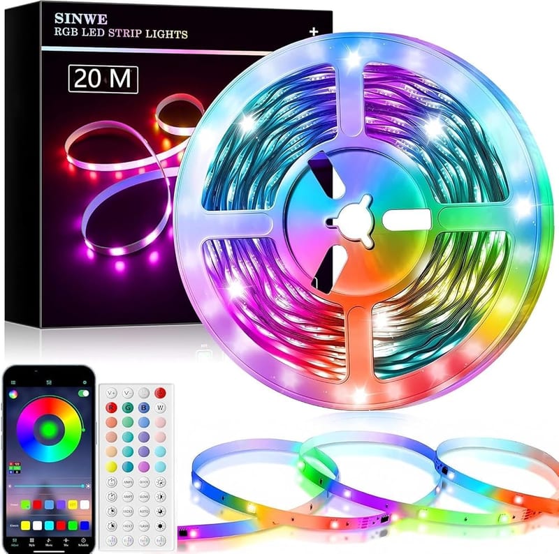 SINWE LED Strip Lights 20M, Music Sync, 44 Key Remote & App Control, Colour Changing RGB
