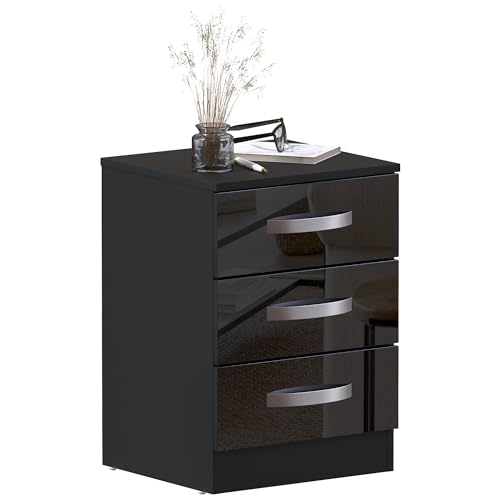 Vida Designs High Gloss Bedside Tables, Nightstand Side Table (Black, 3 Drawer)