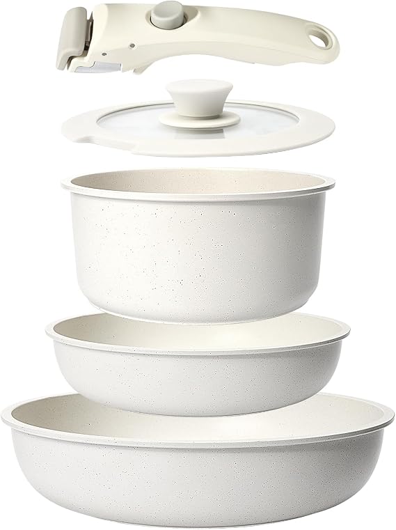 GiPP 5PCS Pots and Pans Set Non Stick with Detachable Handle | Granite Nonstick Coating, PFAS PFOA Free, Induction Compatible, Oven Safe, RV Space-Saving Design(White,5PCS)