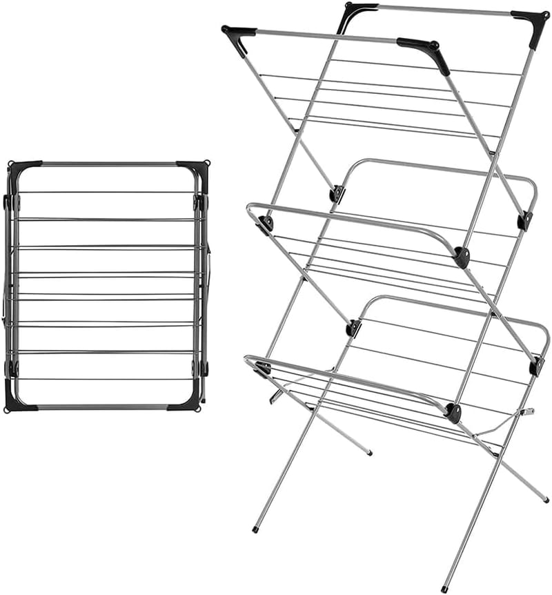 1ABOVE Premium Quality Alloy Steel 3 Tier Clothes Airer, 15m Drying Space, Non-Slip Feet and Corner Spaces for Hangers, Black & Grey