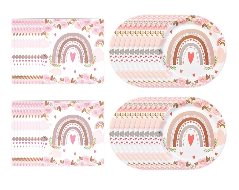 40Pcs Rainbow Party Tableware Set, Pink Paper Plates Tableware, 20Pcs Rainbow Napkins + 20pcs Birthday Party Plates, Disposable Dinnerware Party Supplies