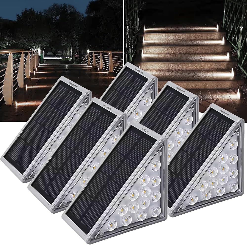 Adyos 6 Pack Solar Step Lights Outdoor, Waterproof LED Deck and Stair Lights, Triangle