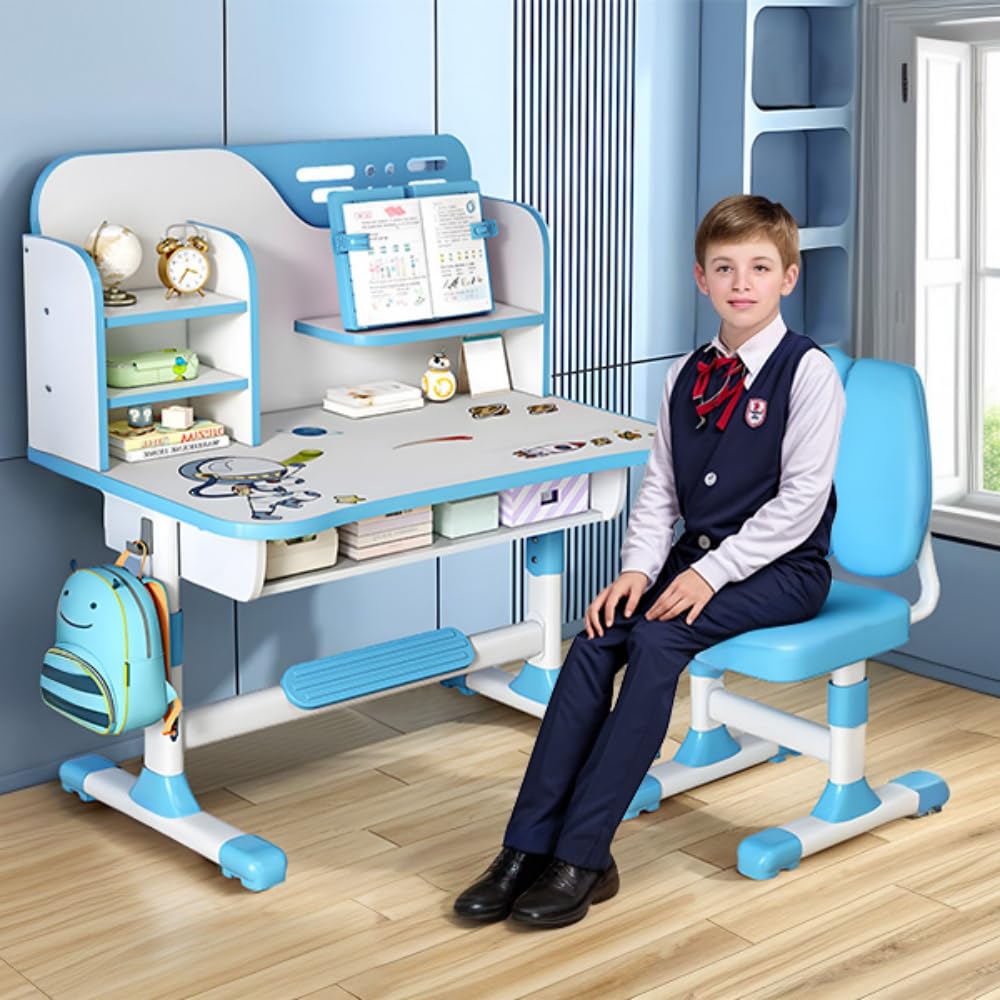 iondelce Height Adjustable Kids Desk and Chair Set, Childrens Desk with Bookstand and Storage Drawer, Blue