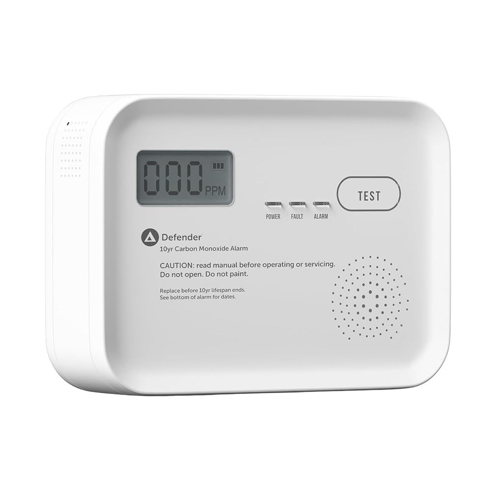 Defender 10 Year Carbon Monoxide Alarm, BSI Rated, Battery Powered CO Detector with LCD Digital Display