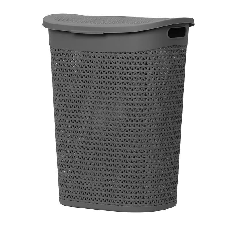 60L Laundry Basket with Lid, Large Plastic Washing Basket with Handles, Heavy-Duty Rattan-Style Laundry Bin Hamper Clothes Storage Organiser for Bedroom & Bathroom, Grey