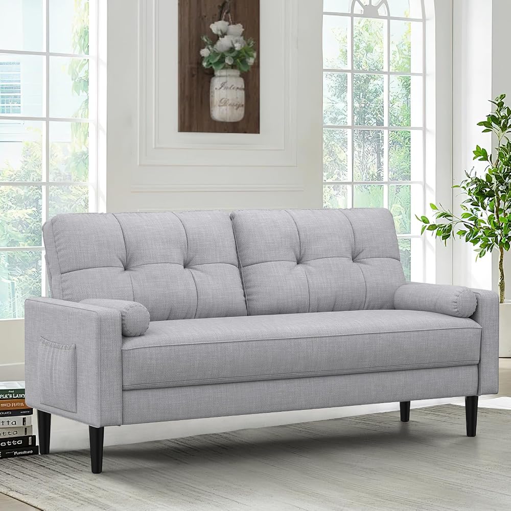 Aotumm Ciort 2 Seater Sofa, Modern Linen Sofa Couch with Pocket Storage (Grey)