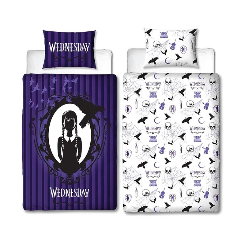 Character World Wednesday Official Single Duvet Cover Set, Reversible 2 Sided Bedding with Matching Pillowcase, Purple Polycotton