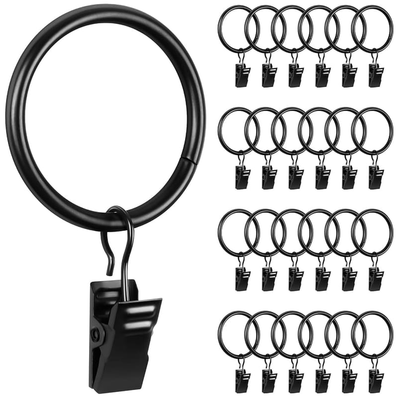 Caianwin 25 Pcs Curtain Rings with Clips, Black Metal Curtain Clips with Hooks, 32mm Inner Diameter