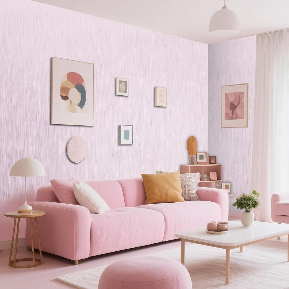 Tarwanear 1 Roll Blush Wallpaper Pink Plain Thick Textured Modern Minimalist Striped Embossed Wall Paper Roll