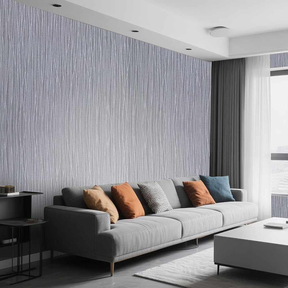 Tarwanear Dark Grey Mix Plain Thick Textured Wallpaper 0.53x9.5m, Minimalist Striped Non-Woven DIY Wall Paper Roll
