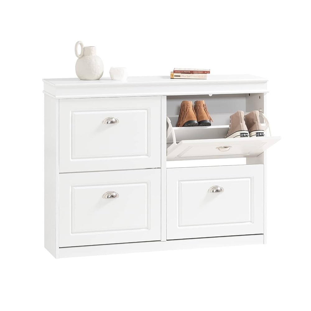 3 Tier Narrow Shoe Rack Cabinet, Shoe Storage Cabinet for Hallway with 2 Drawers, Pull Down Organiser