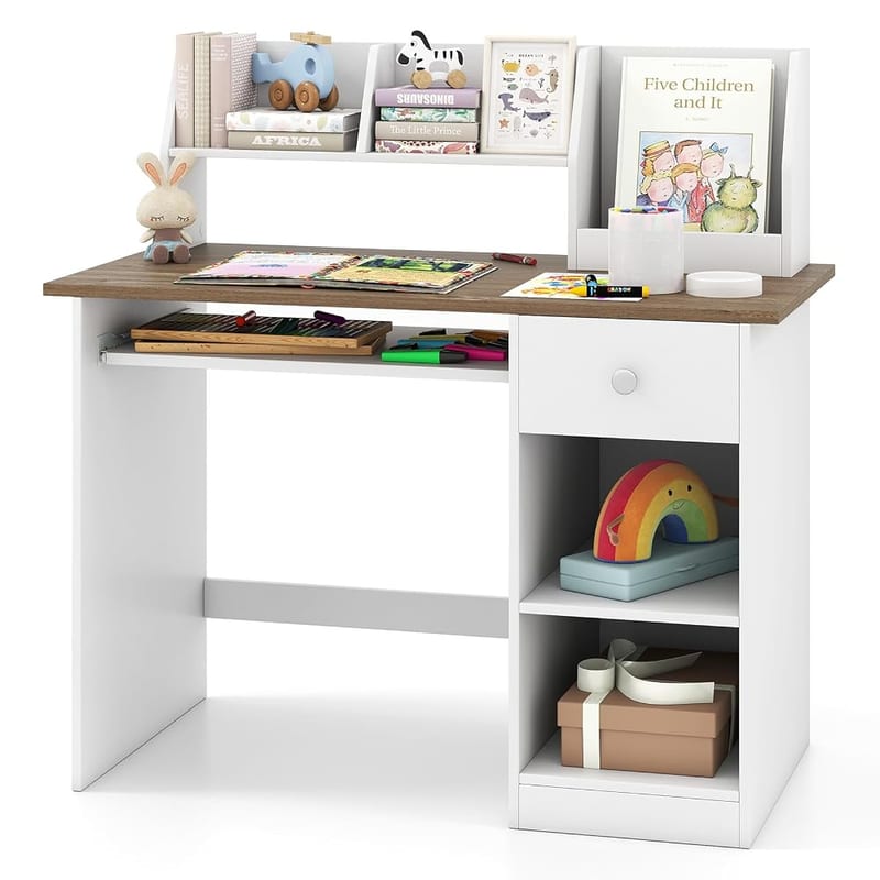 GYMAX Wooden Kids Desk, Children Study Writing Table with Storage
