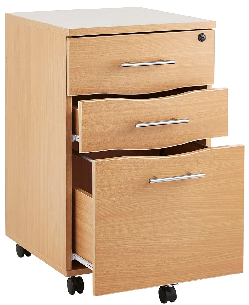 Filing Cabinet 3 Drawer Under Desk Drawers, Beech Wood File Cabinet with Lockable Drawers