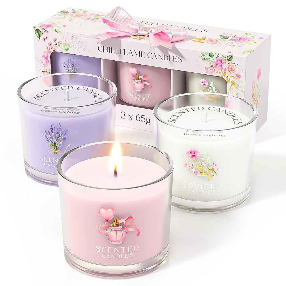 CHILLFLAME Scented Candle Gift Set, 3 x 200g Candles (Pink, Purple, White)