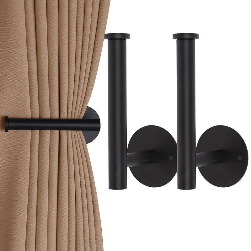 2 Pack Self-Adhesive or Drilling Curtain Holdbacks, No-Drill Metal Curtain Tie Backs with Adhesive, Wall-Mounted Drapery Hooks & Holders for Living Room & Bedroom Curtains (2, Black)