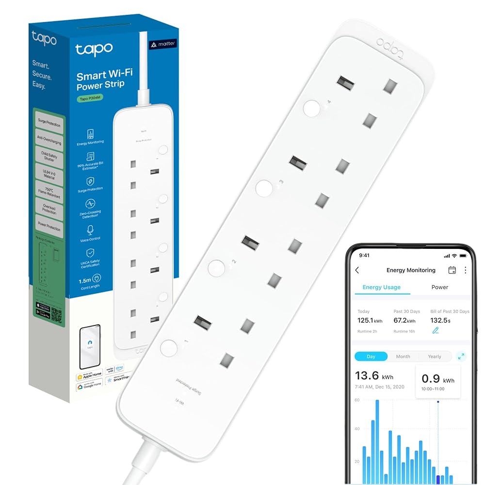 Tapo P304M Smart Plug Power Strip, 4 Outlets Matter WiFi Plug Extension, Per-Outlet Energy Monitoring, Surge Protection