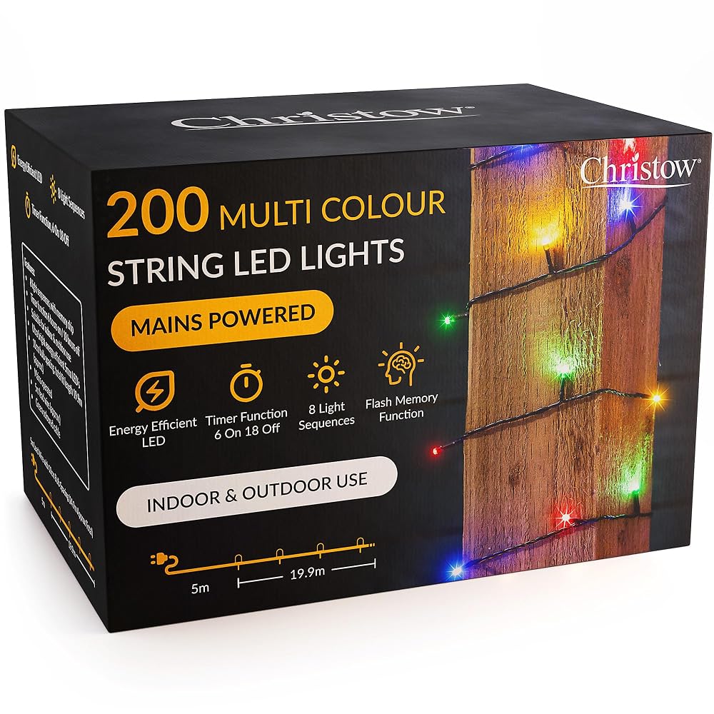 CHRISTOW Christmas Fairy Lights, Multi-Coloured LED String Lighting with Timer, Indoor & Outdoor, Mains Operated (200 LED / 20m)
