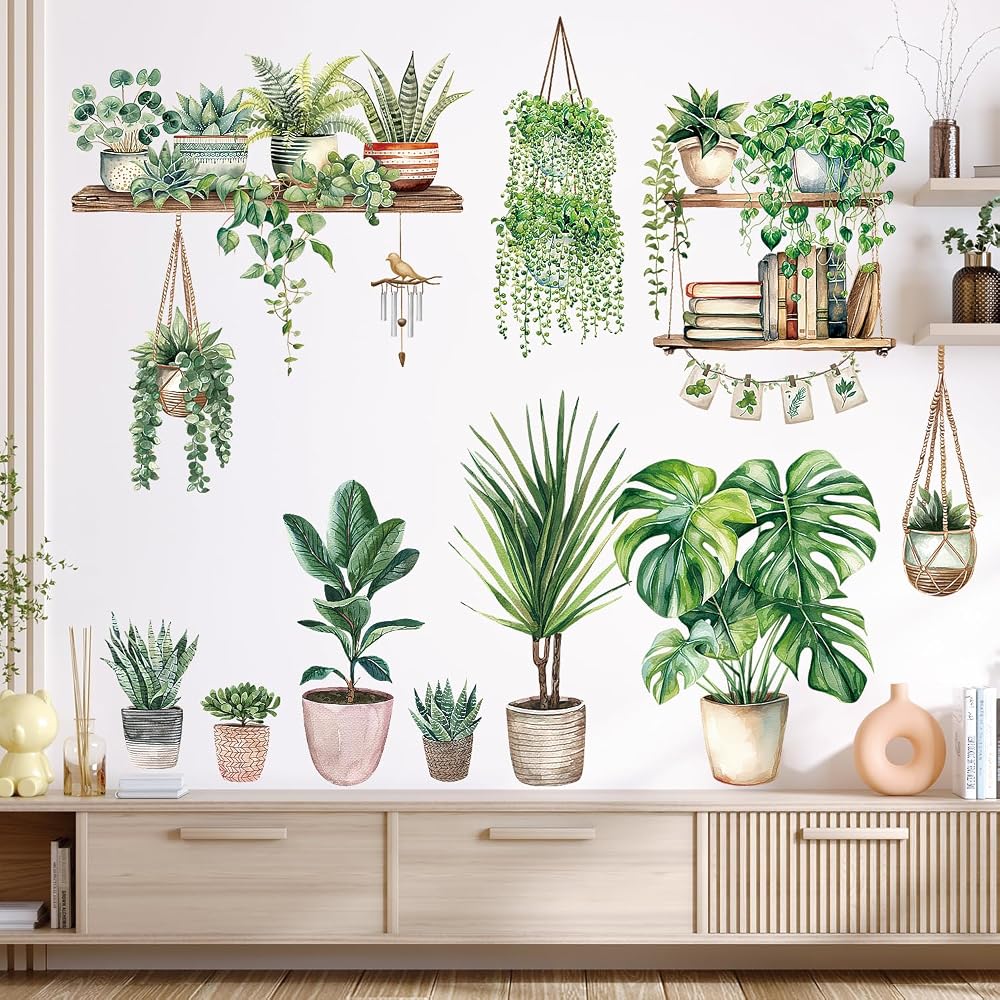 DECOWALL Potted Plants and Hanging Leaves Wall Stickers Decals (SG2-2411), Trailing Vines and Leafy Greenery, Peel and Stick Removable Botanical Decor