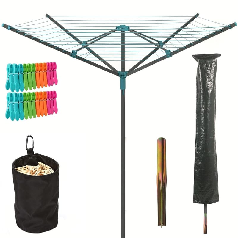 LIVHOME 50m Rotary Airer Clothes Line With 4 Arms for Laundry Drying Washing Outdoors Garden, Heavy Duty, Washing Line With Free Ground Spike, 24pcs Clothes Pegs, Cover and Pegs Bag