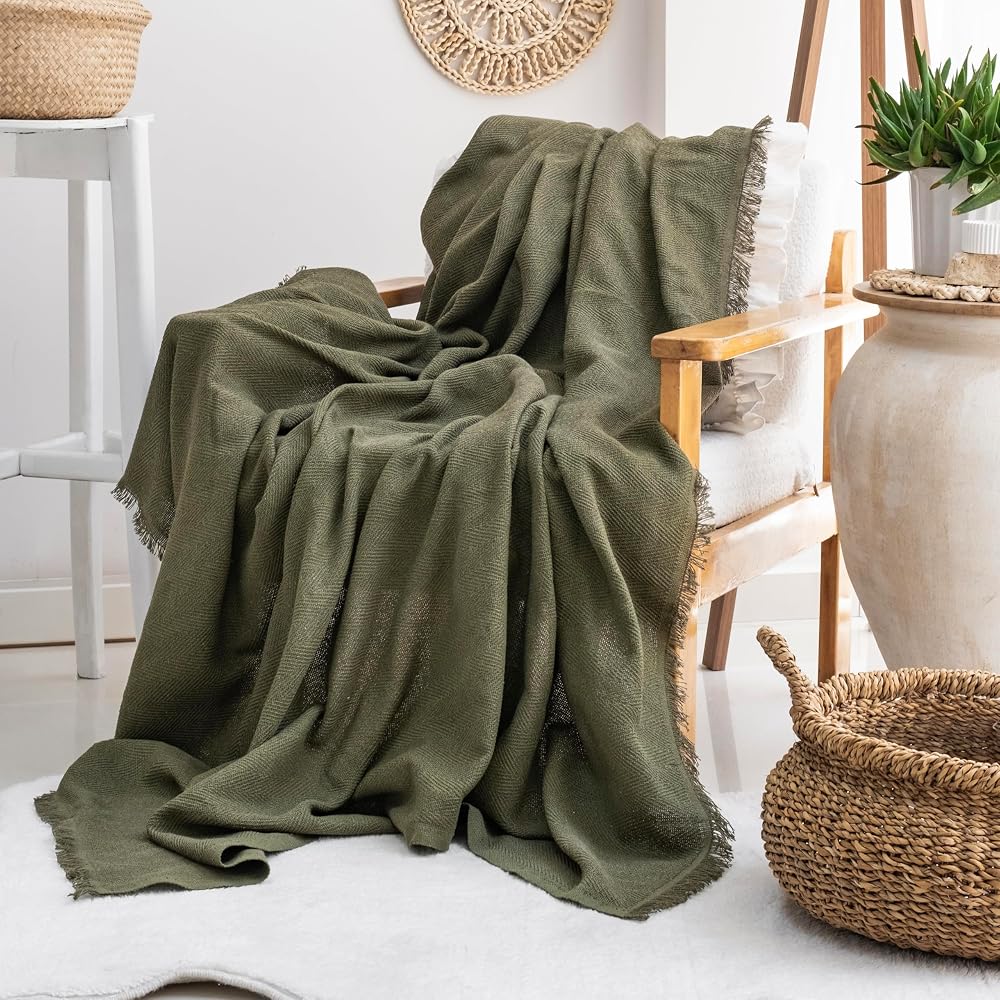 Milam London Cotton Throw, Olive Green, 170 x 200cm, Woven Sofa and Bed Throw