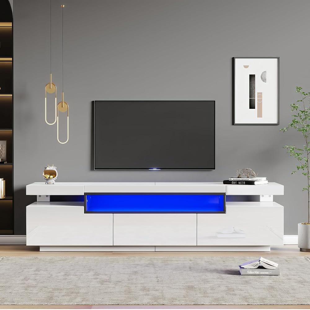 BTM 160cm White Gloss TV Stand Cabinet with LED Lights & 3 Drawers