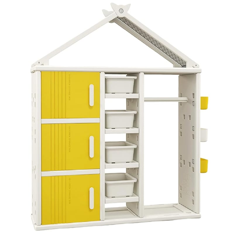 Maxmass Kids Dress up Storage, Children Wardrobe with Clothes Rail, 4 Storage Bins, Adjustable Shelves and Side Baskets, Kids Clothes Closet for Toddlers Bedroom Nursery, Yellow