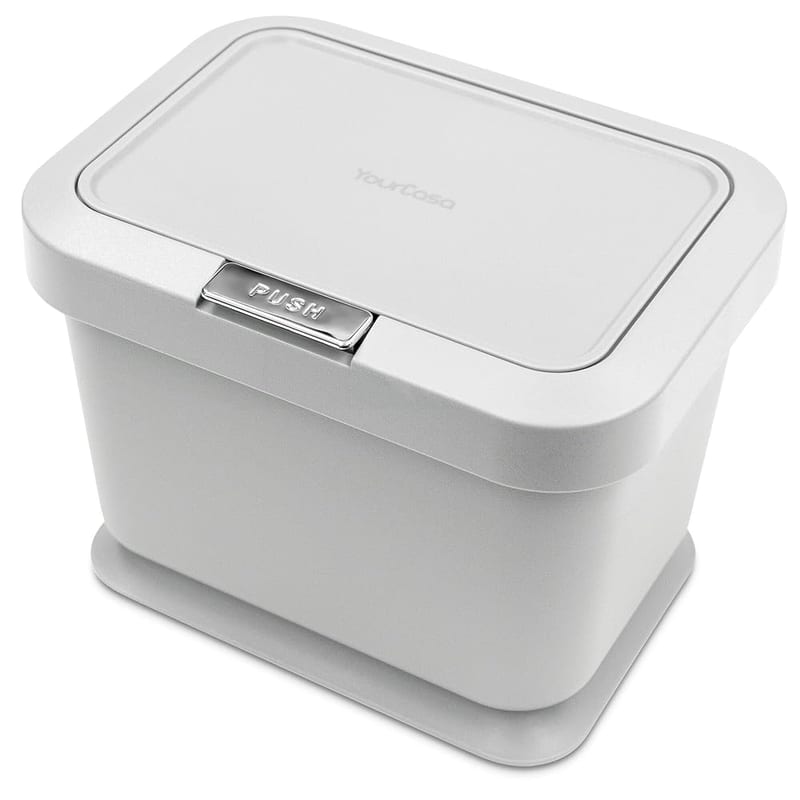 YourCasa Compost Bin 5L - Kitchen Food Waste Caddy - Lid Opens with Push Button - Countertop Small Counter Trash Can - Odour Proof Container with Non-Slip Base, Grey