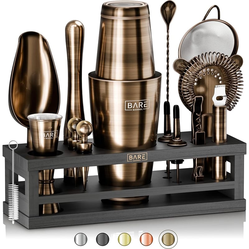 BARE BARREL Cocktail Making Kit | 16-Piece Bartender Kit Cocktail Shaker Set Maker | Bamboo Display Stand & 35 Recipe Cards
