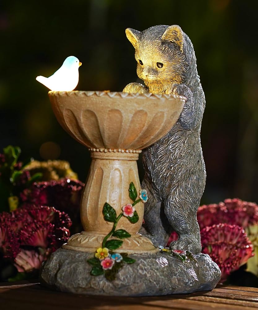 Goodeco Solar Cat Statue Ornament with Bird Bath Function, Grey