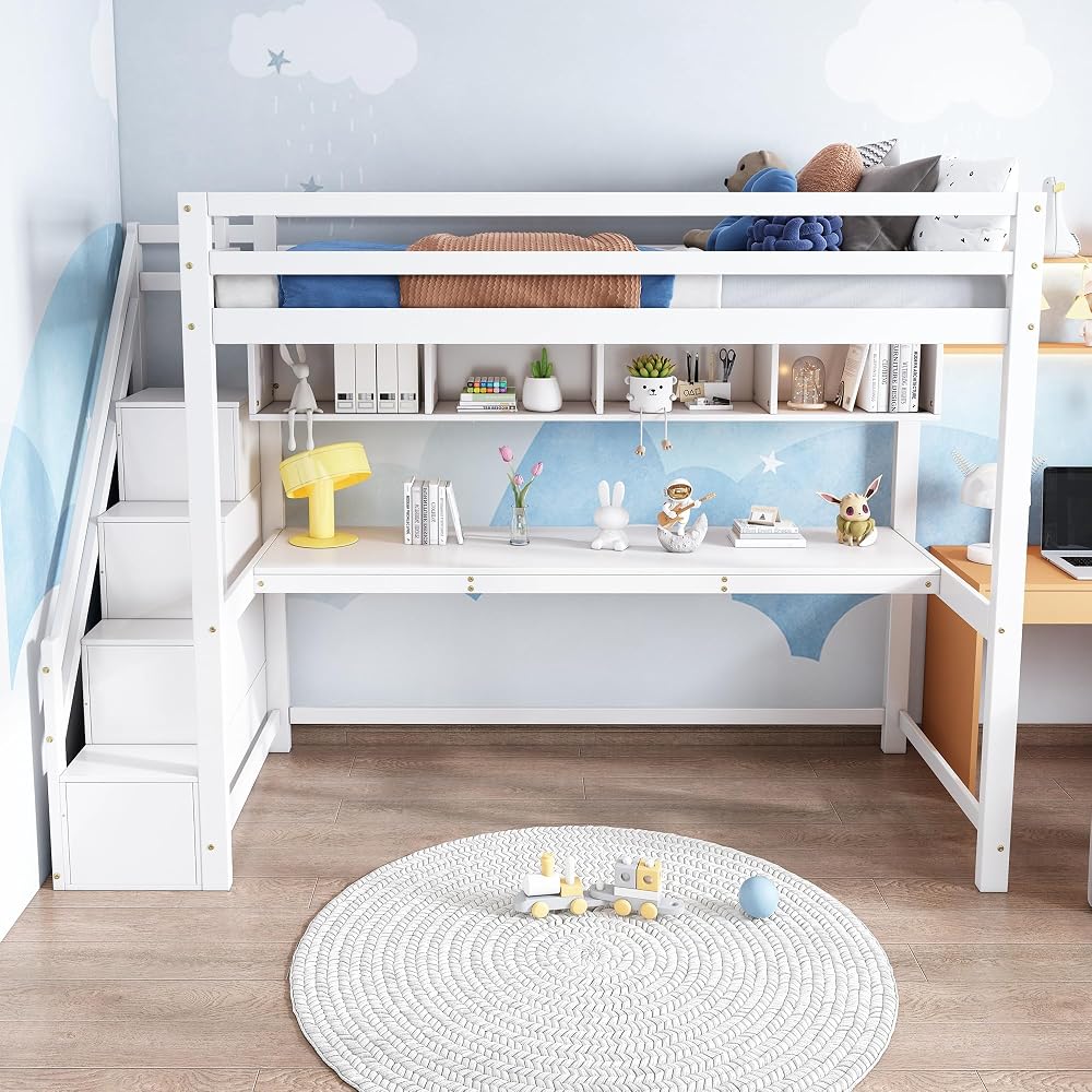 BTM Loft Bed with Desk, 90 x 190cm Single Bunk Bed with Stairs and Shelves and Slatted Frame, Wooden Bunk Bed for Kids, Bunk Bed with Storage