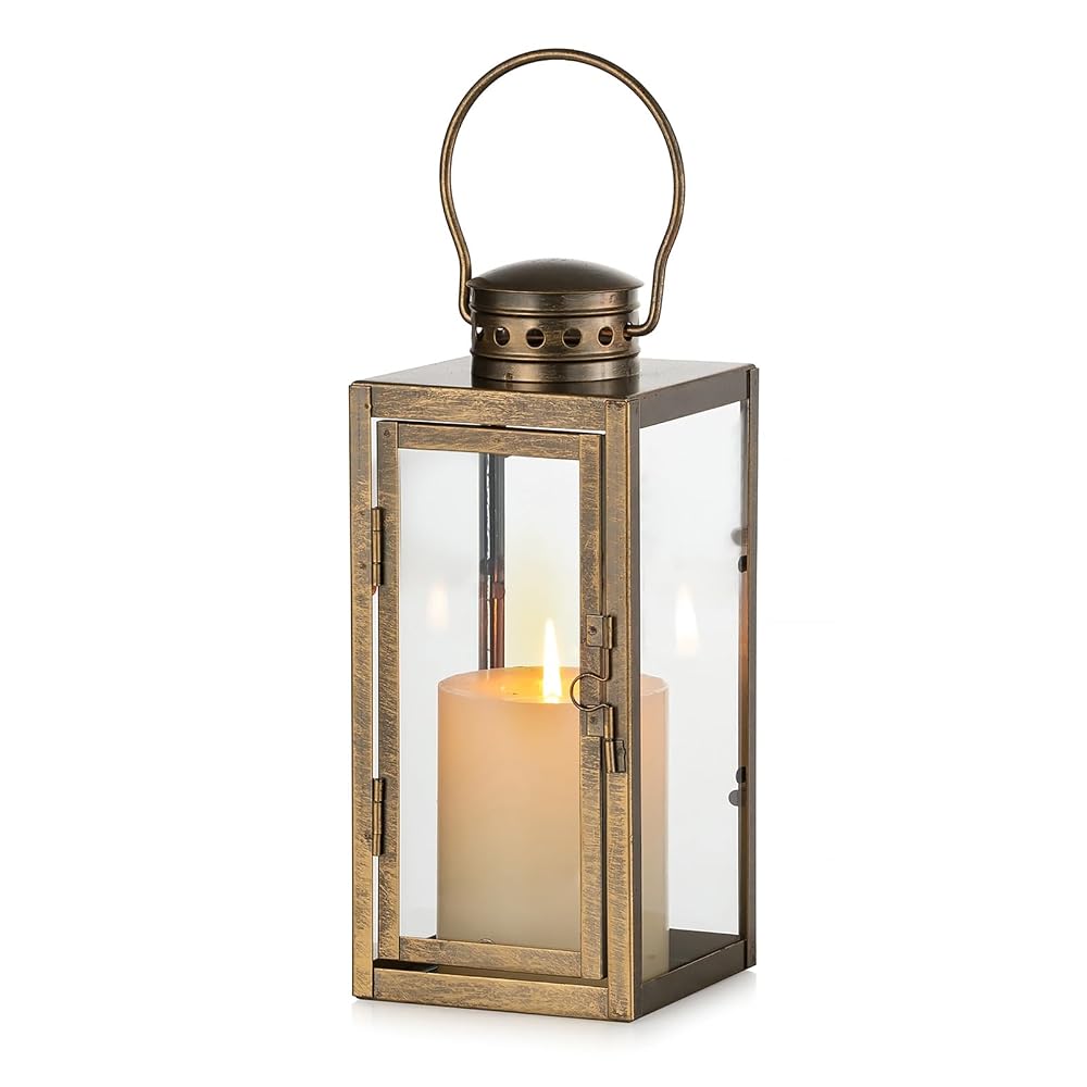 NUPTIO Gold Distressed Outdoor Lantern, 24cm Tall Vintage Candle Holder