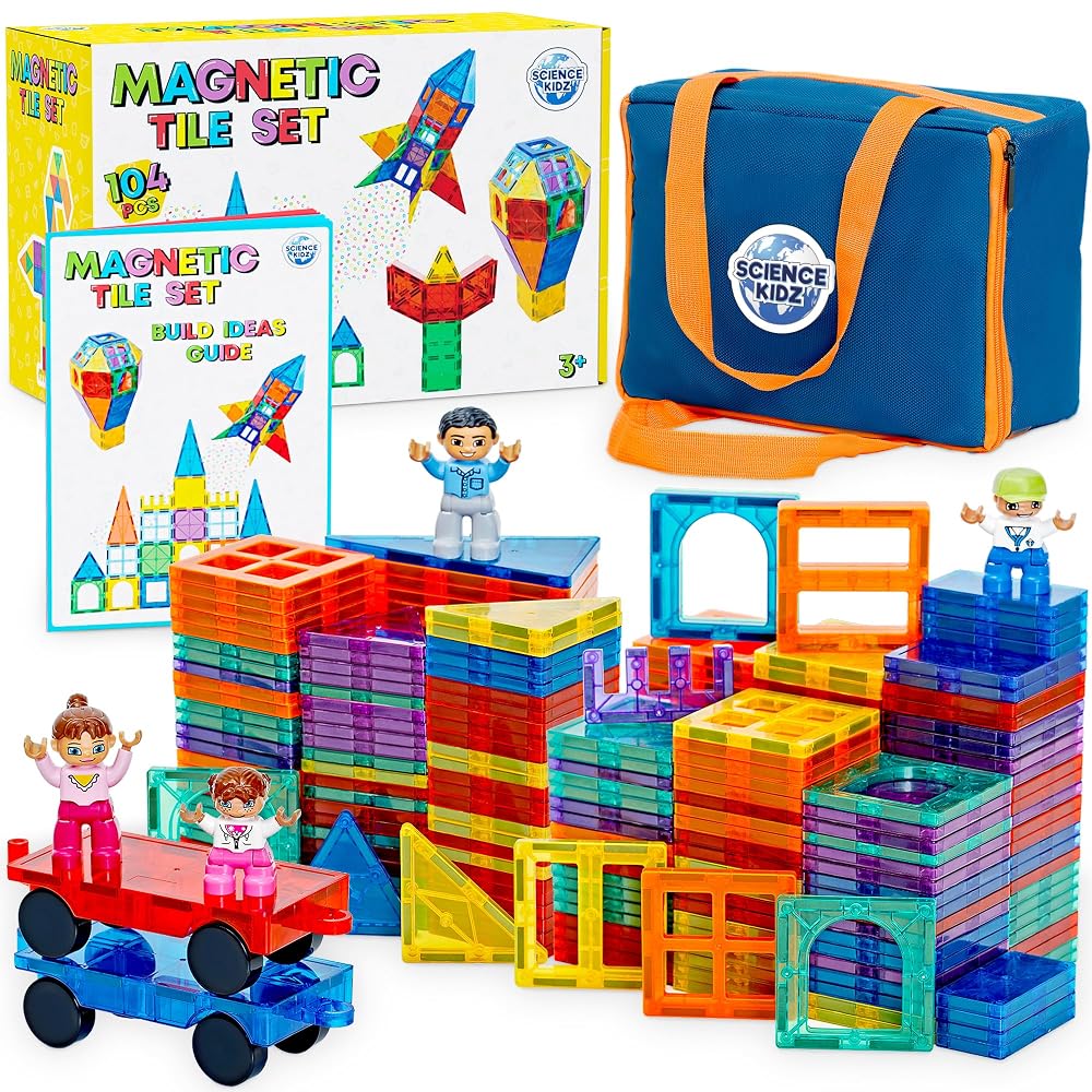 Science Kidz Magnetic Tiles - 100 Piece Set + 4 Play Figures + Storage Bag | Building Blocks for Kids Age 3-7 Year Olds - Educational STEM Toys for Boys & Girls - Assorted Magnetic Shapes & Colours