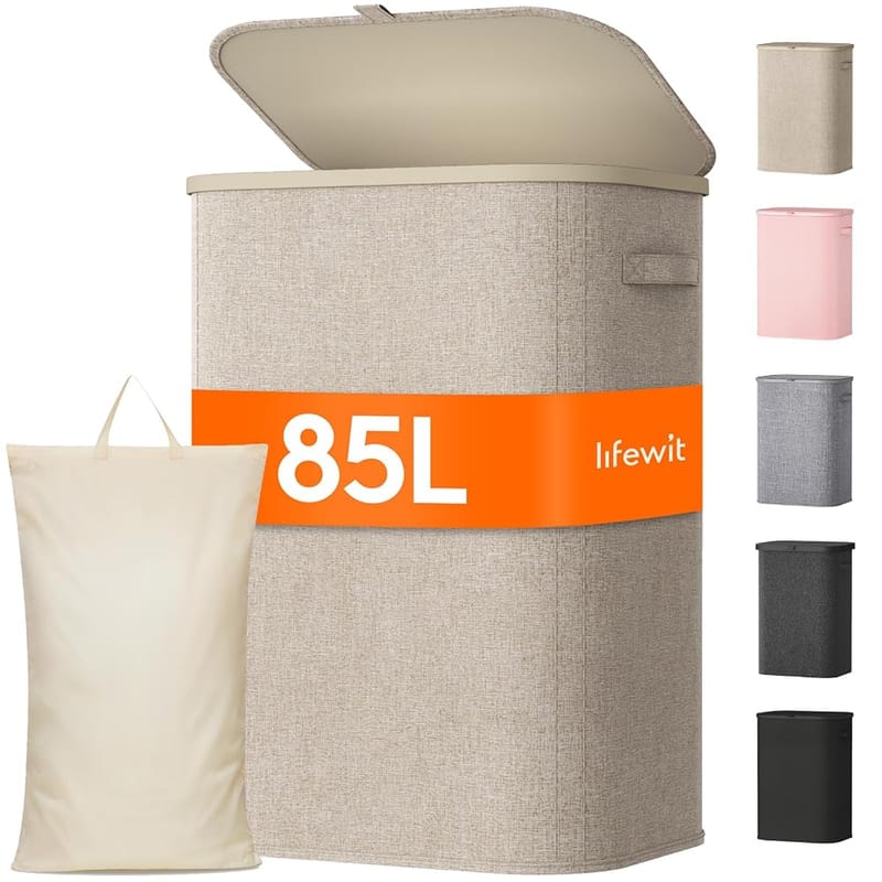 Lifewit 85L Laundry Basket with Lid, Large Laundry Hamper with Plastic Handles and Removable Bag, Foldable Tall Dirty Clothes Hamper, Beige