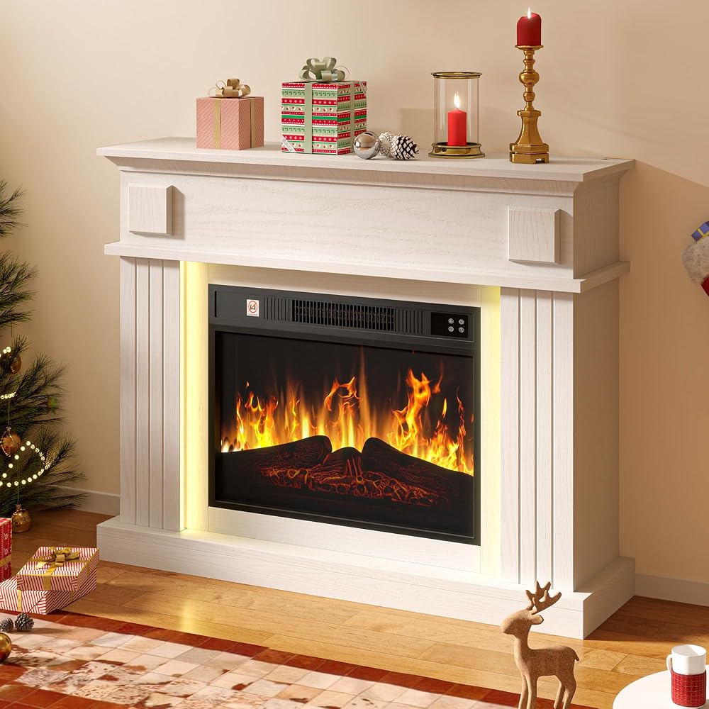 DWVO Electric Fireplace Suite 23" with Realistic Flame Effect, Programmable Timer and LED Light Strip, White