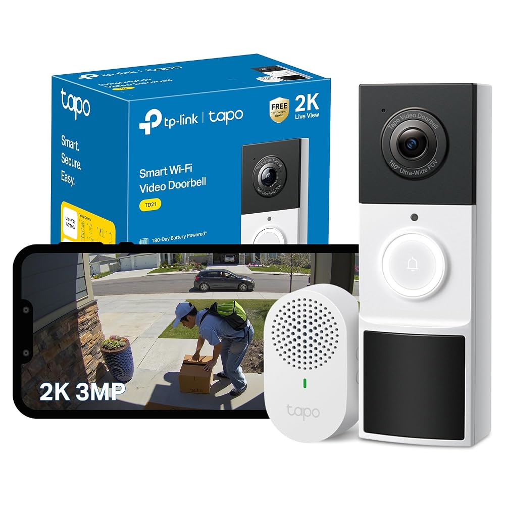 Tapo TD21 2K 3MP Battery Doorbell Camera Wireless, Colour Night Vision, IP65, Ring Chime Included, 160° FOV, No Monthly Fee