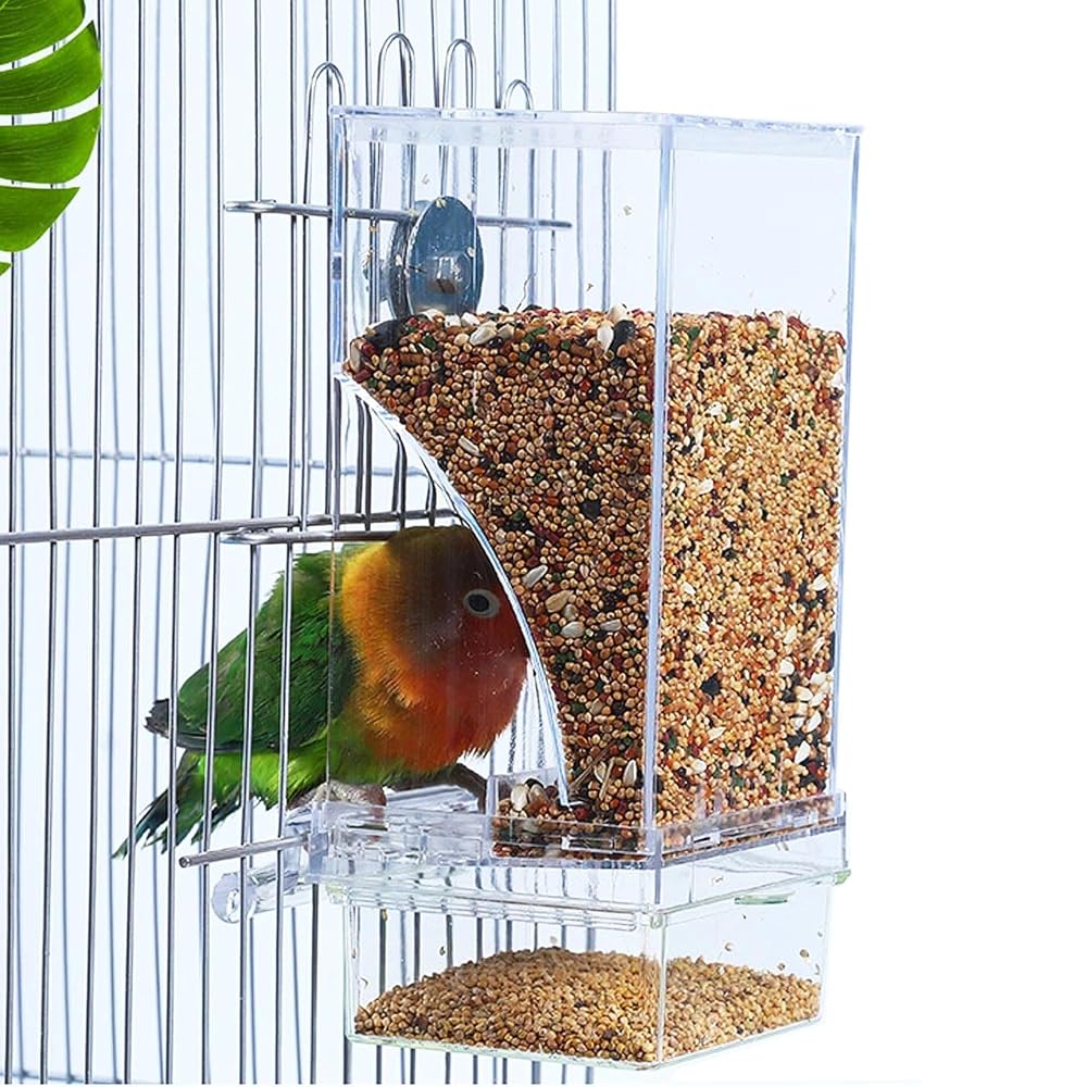 Xemnys Automatic Bird Cage Feeder with Perch, No Mess Hanging Seed Food Container for Parrot Parakeet Canary