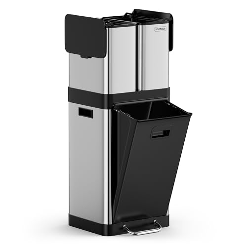 VonHaus Kitchen Triple Bin, 32L Vertical Recycling Bin, Stainless Steel Three Section Food Waste Separation System