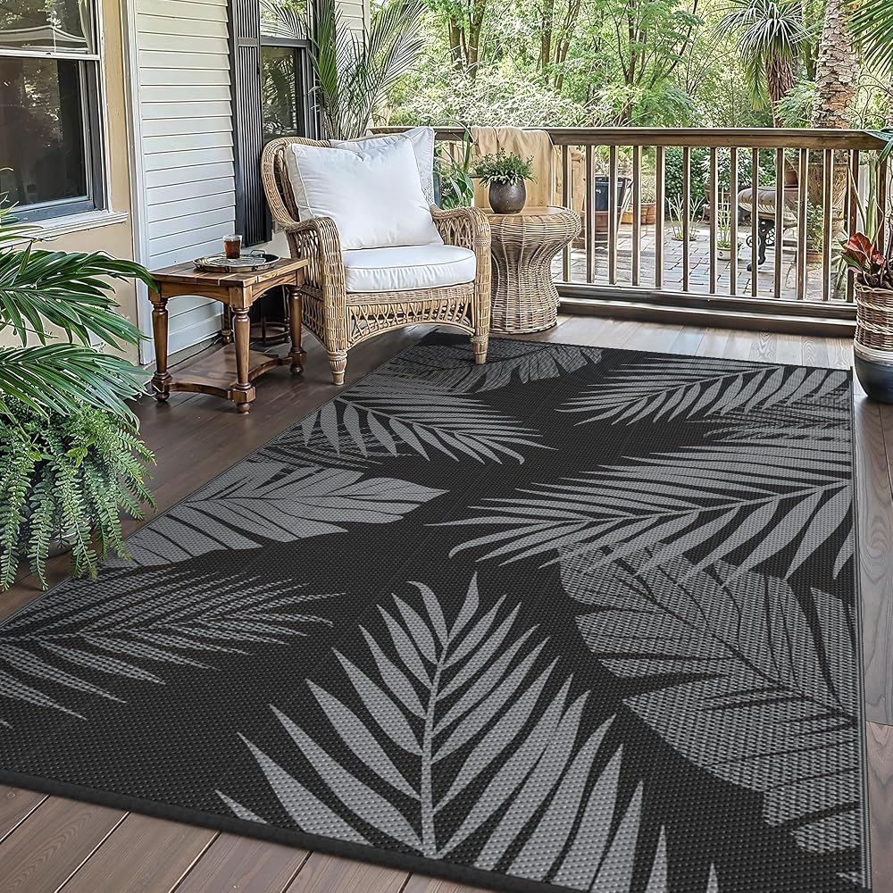 GENIMO Outdoor Rug Garden Rugs, Waterproof Reversible Washable UV Resistant, 180 x 275cm, Black & Grey