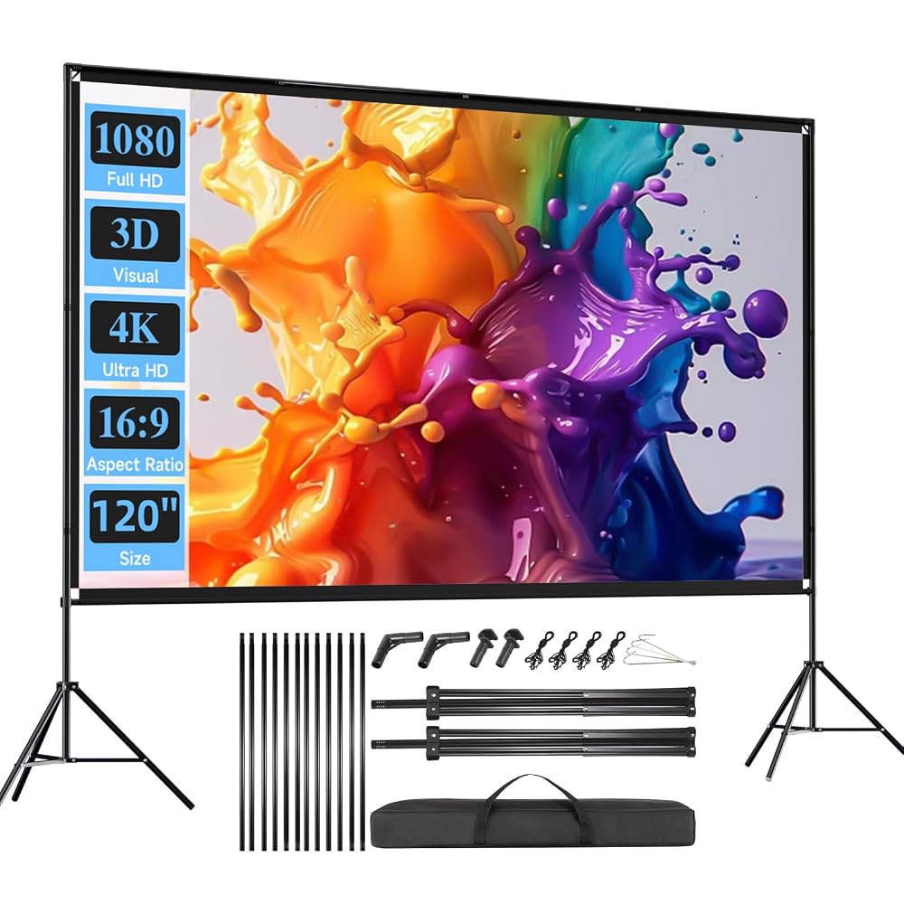 Outdoor Projector Screen with Stand, SCREENMAX 120 Inch Foldable Projector Screen with Carry Bag, 16:9 4K HD Wrinkle-Free